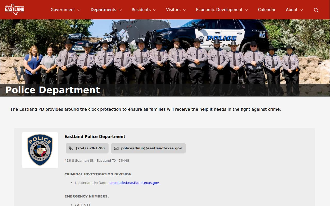 Eastland Police Department criminal record request page