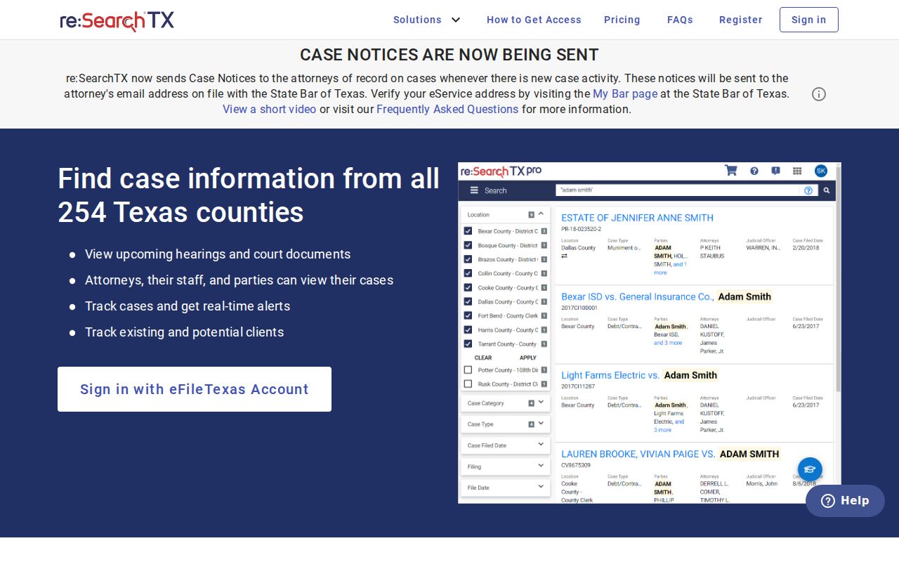 Eastland County court case search interface at re SearchTX