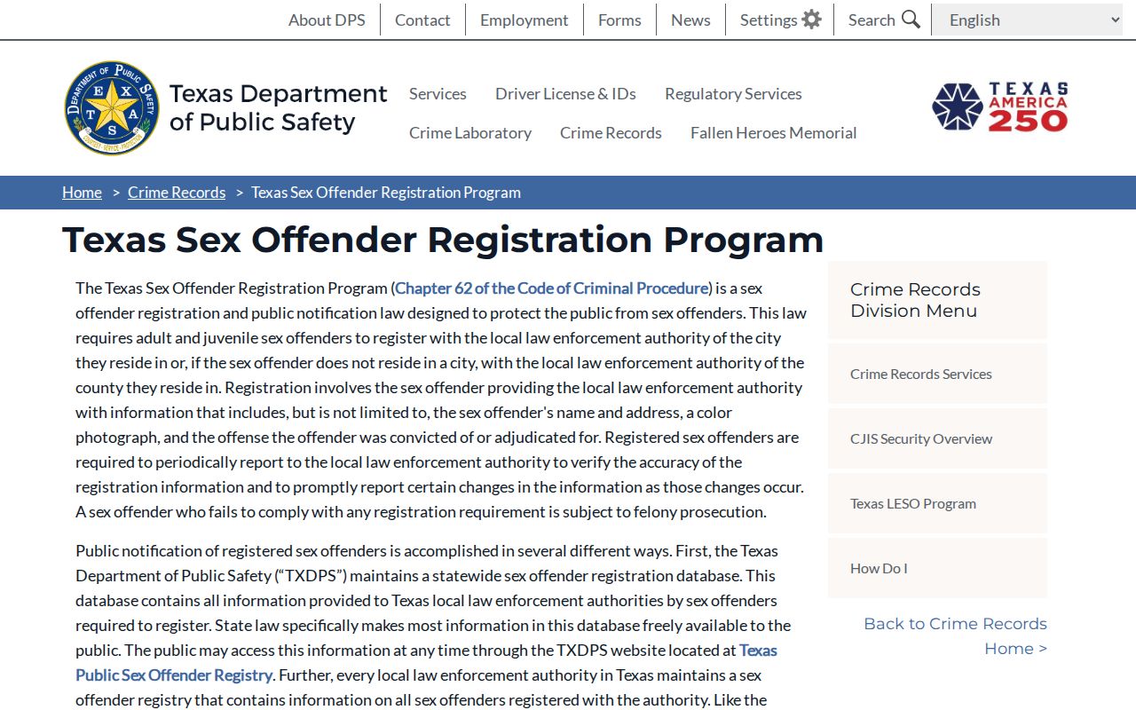 Texas registration program information for Eastland County sex offender checks